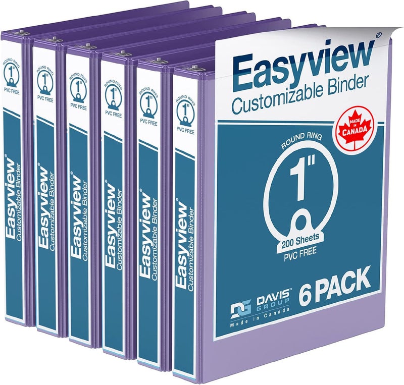 Davis Group مجلدات Easyview Premium ذات 3 حلقات مع أغطية شفافة وحلقات دائرية، مجلدات للمدرسة أو المكتب، 1 بوصة، عبوة من 6 قطع، أرجواني - Image 1